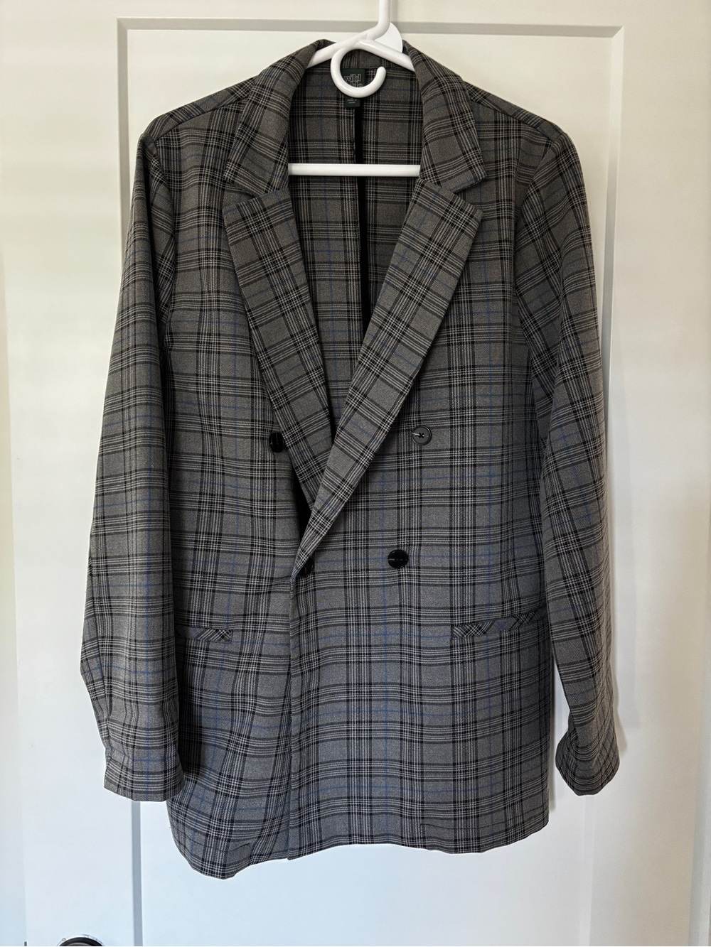 Wild Fable Grey/Black/Blue Plaid Double-Breasted Blazer
